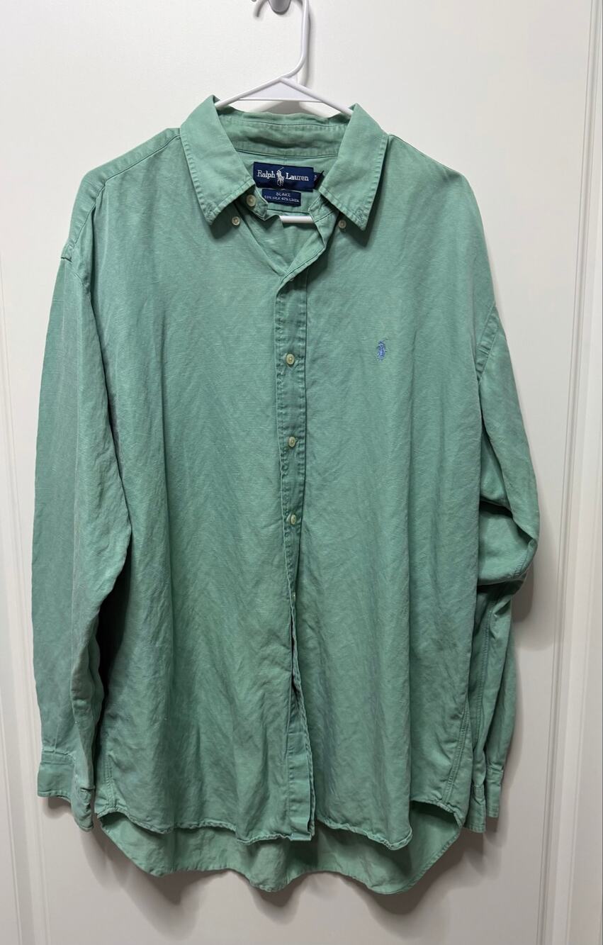 Ralph Lauren Large Blake Silk Linen long sleeve button down sleeve shirt green